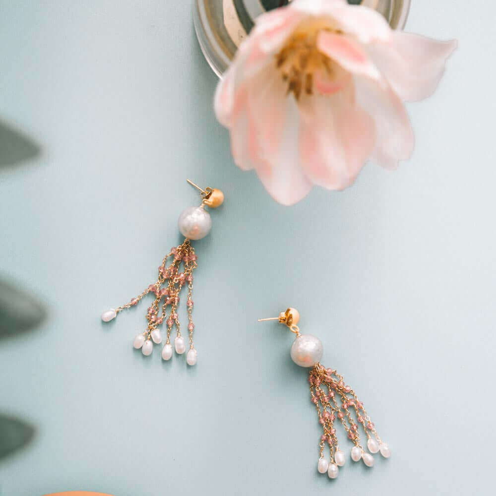 Pearl & Aqua Chalcedony Tassel Earrings