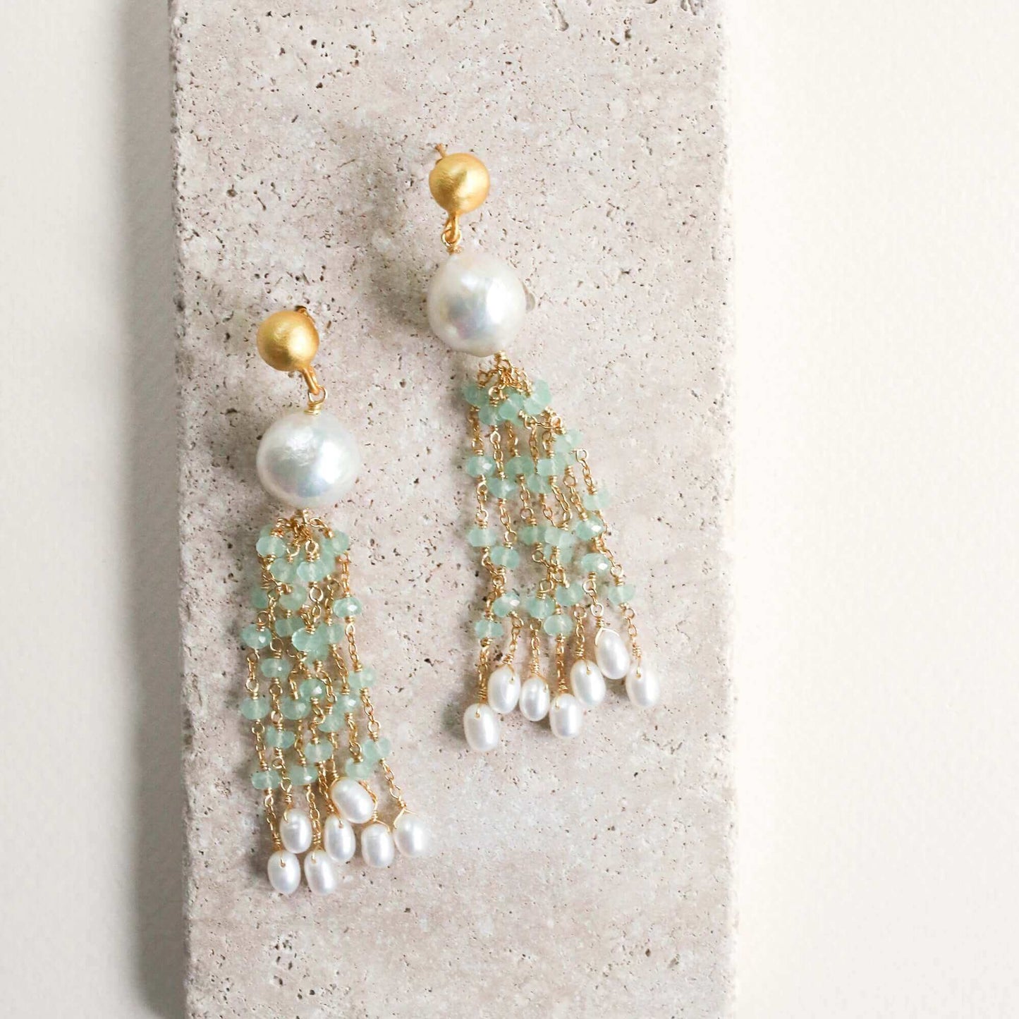 Pearl & Aqua Chalcedony Tassel Earrings