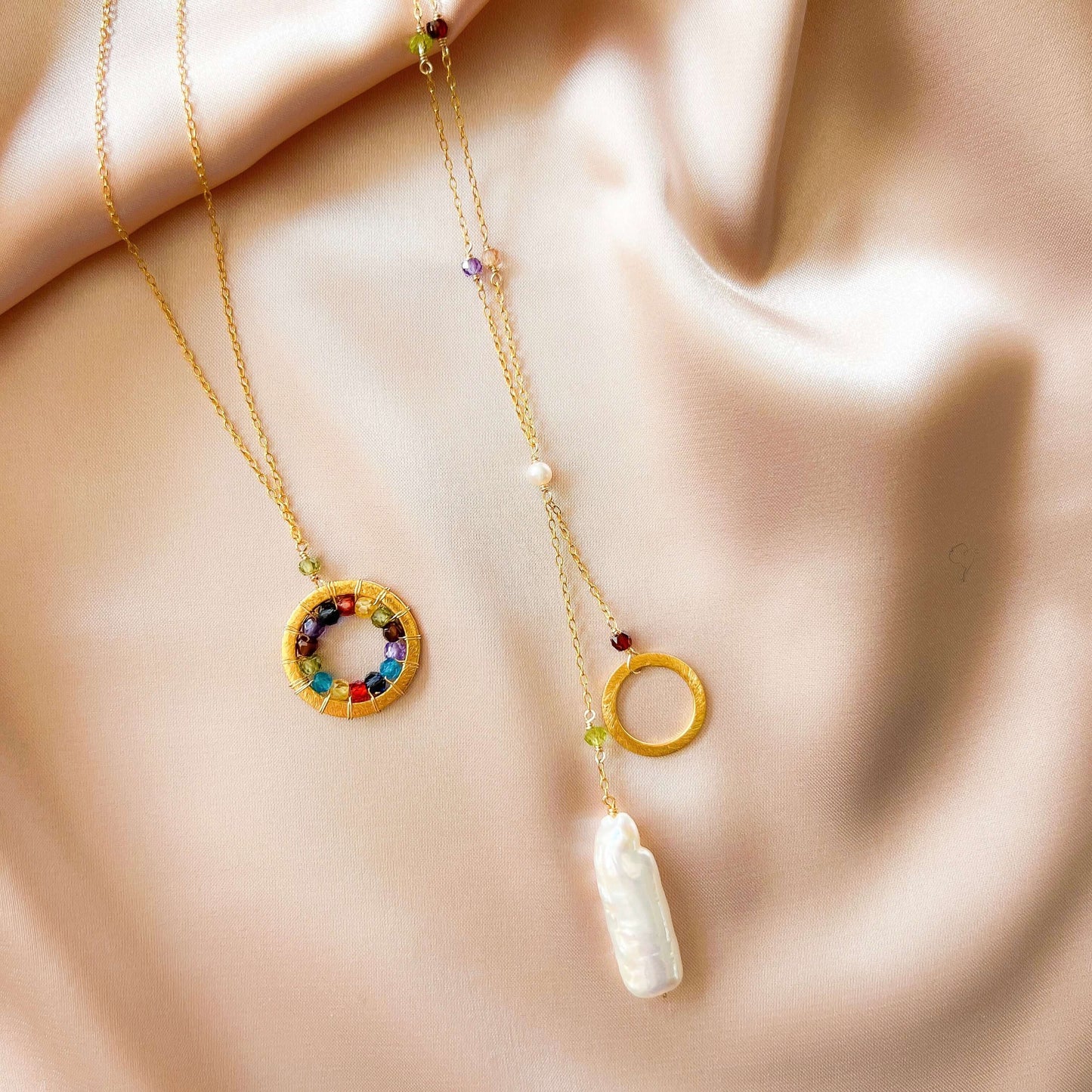 London Blue Quartz, Rainbow Gemstone and Amethyst Mini Gold Mason Circle Necklaces