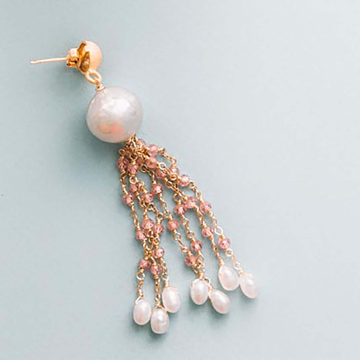 Pearl & Rose Quartz Tassel Earrings