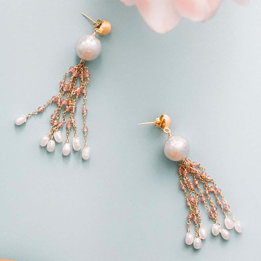 Pearl & Rose Quartz Tassel Earrings