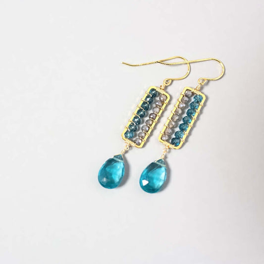 Neon Blue Quartz Wire-Wrapped Parallel Earrings