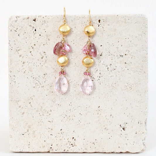 Pink Clear Quartz & Pink Tourmaline Gold Drop Earrings